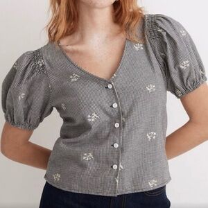 Madewell 100% Cotton Navy and White Floral Puff Sleeve Cropped Blouse Size M